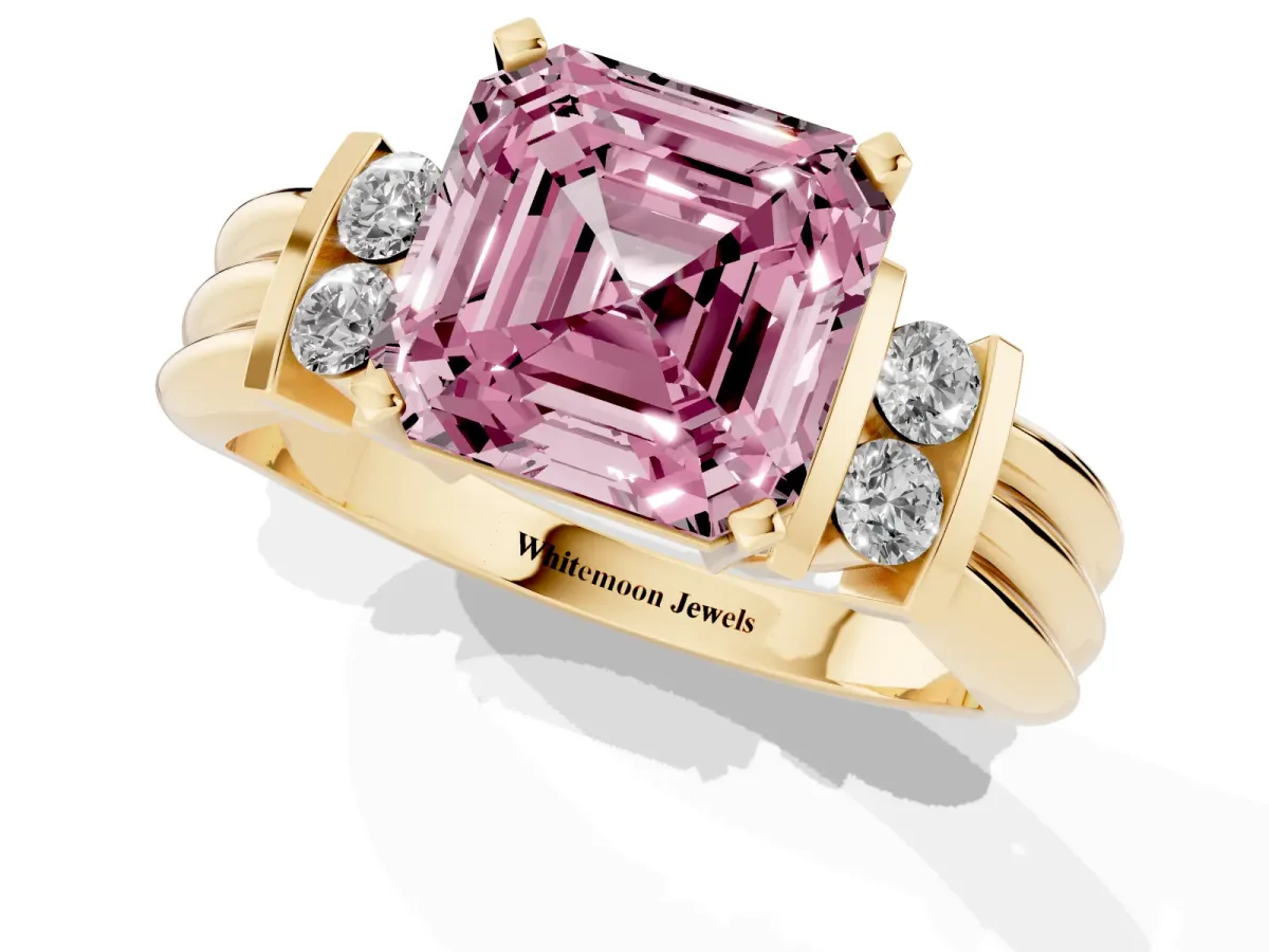 Fancy Pink Asscher Cut Cut Three-Stone Channel Set Ring with Bar Prongs Yellow gold