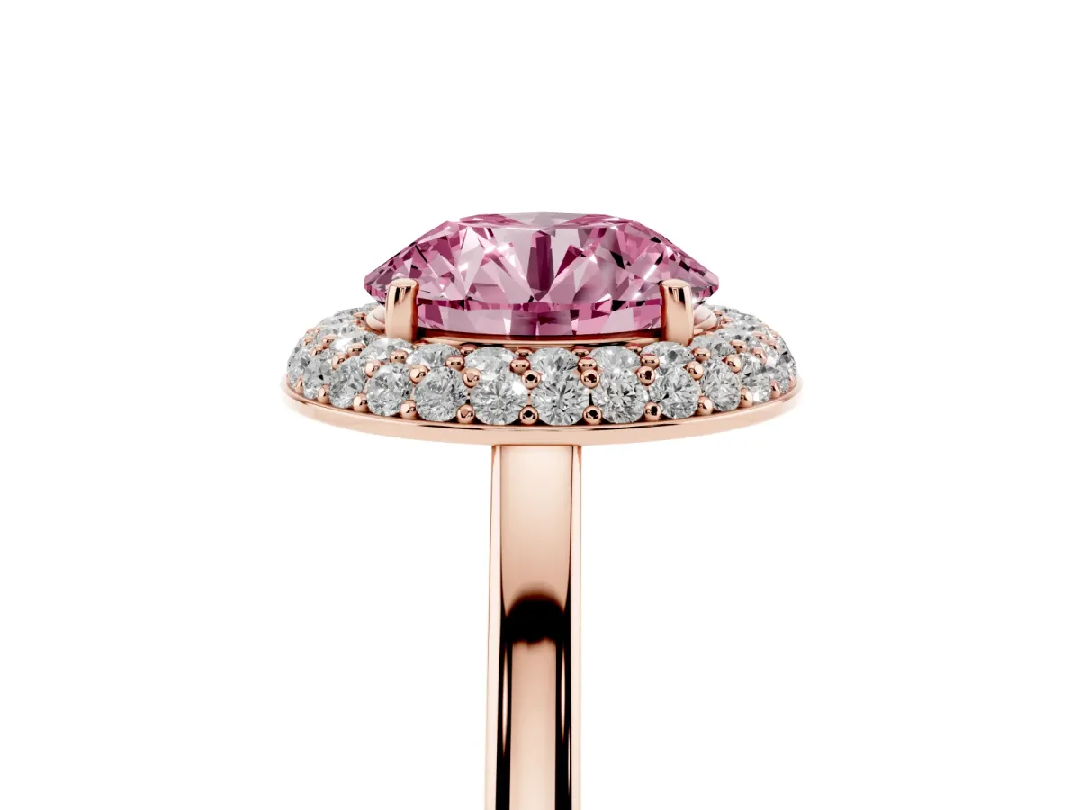 Fancy Pink Round Cut Halo Diamond Engagement Ring with Solitaire Band and Four-Prong Setting Rose gold