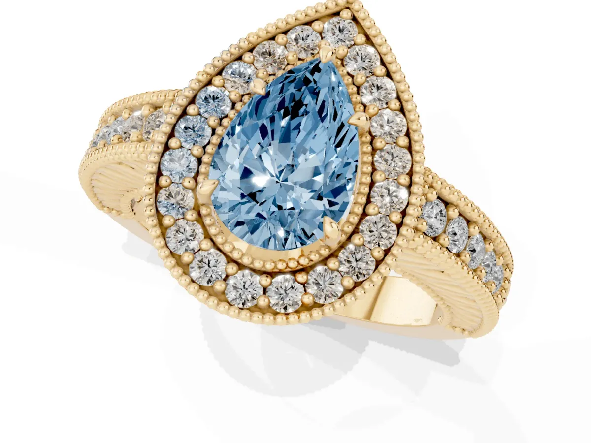 Fancy Blue Pear Cut Cut Halo Diamond Ring with Pavé Band and Four-Prong Setting Yellow gold