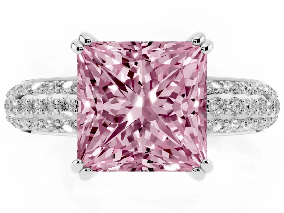 Fancy Pink Princess Cut Diamond Solitaire Ring with Multi-Row Round Pavé Band and Prong Setting Silver