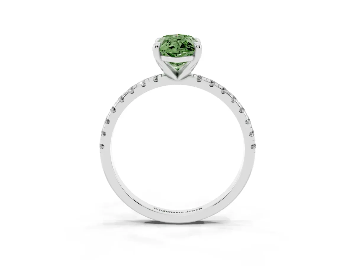 Fancy Green Marquise Cut Diamond Brilliant Solitaire Ring with Pavé Band and Four-Prong Setting White gold