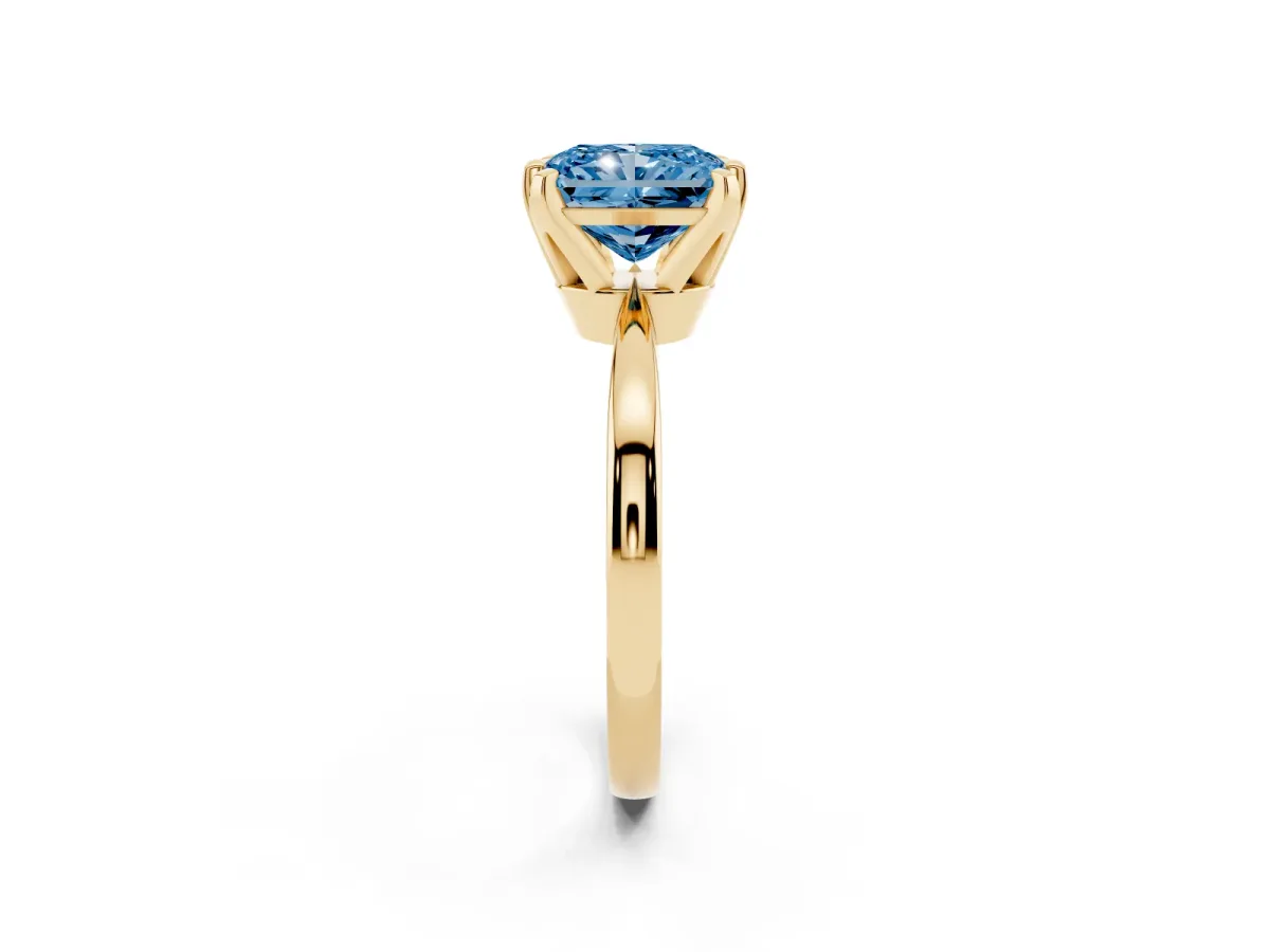 Fancy Blue Radiant Cut Solitaire Engagement Ring with Six-Prong Setting and Tapered Band Yellow gold