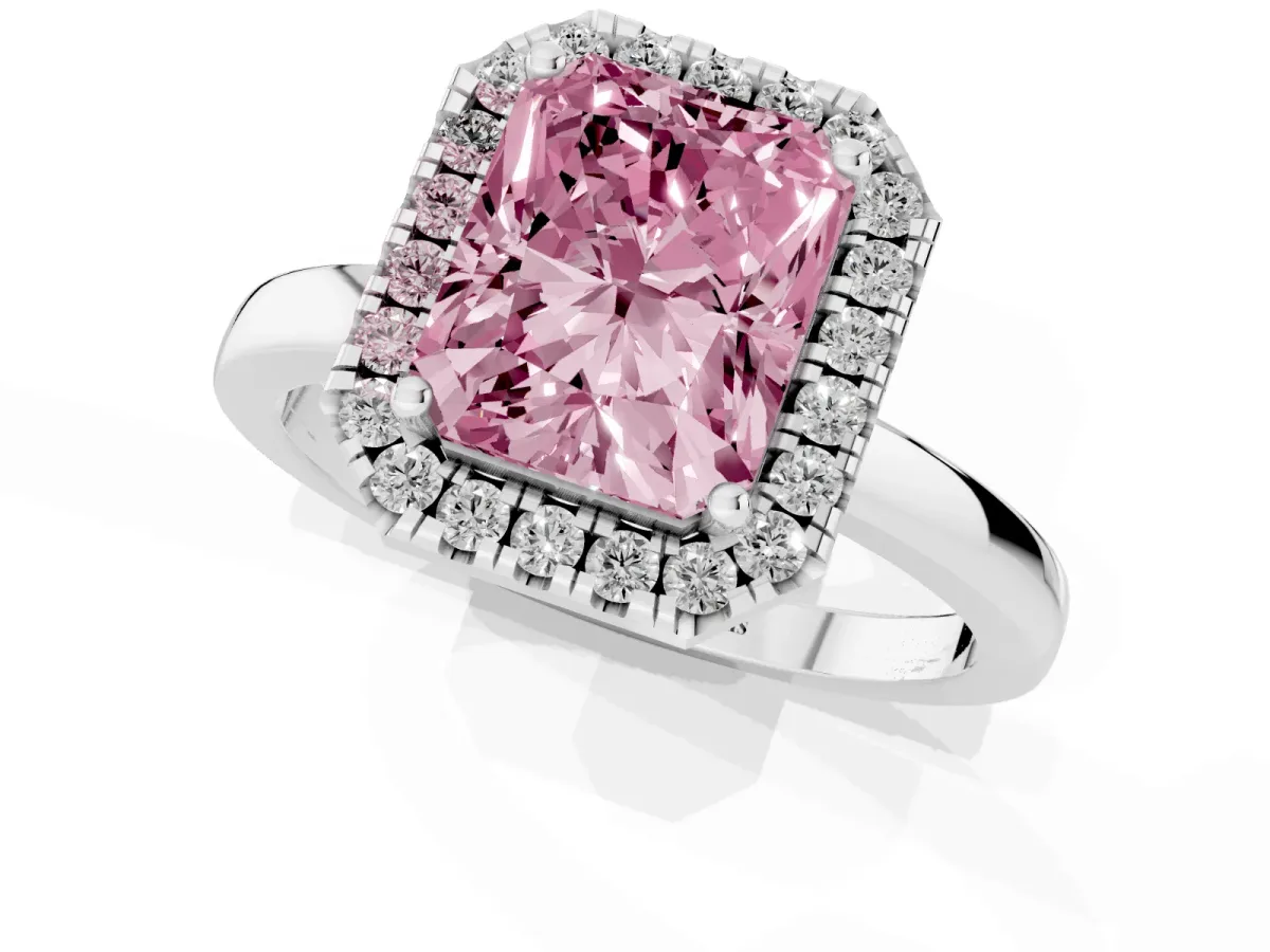 Fancy Pink Radiant Cut Halo Diamond Solitaire with Pavé Band and Four-Prong Setting Silver