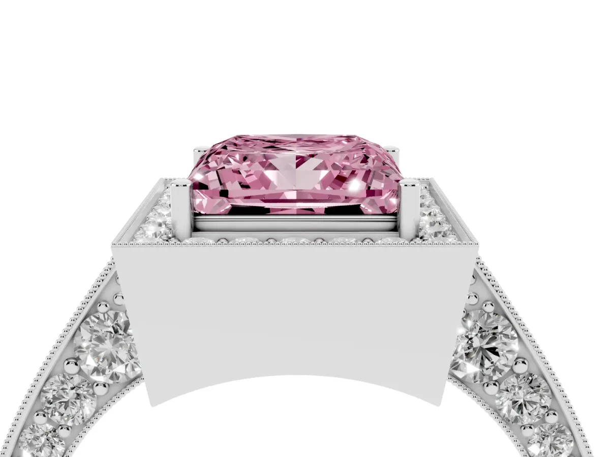 Fancy Pink Princess Cut Halo Diamond Engagement Ring with Split Shank Band and Four-Prong Setting Silver