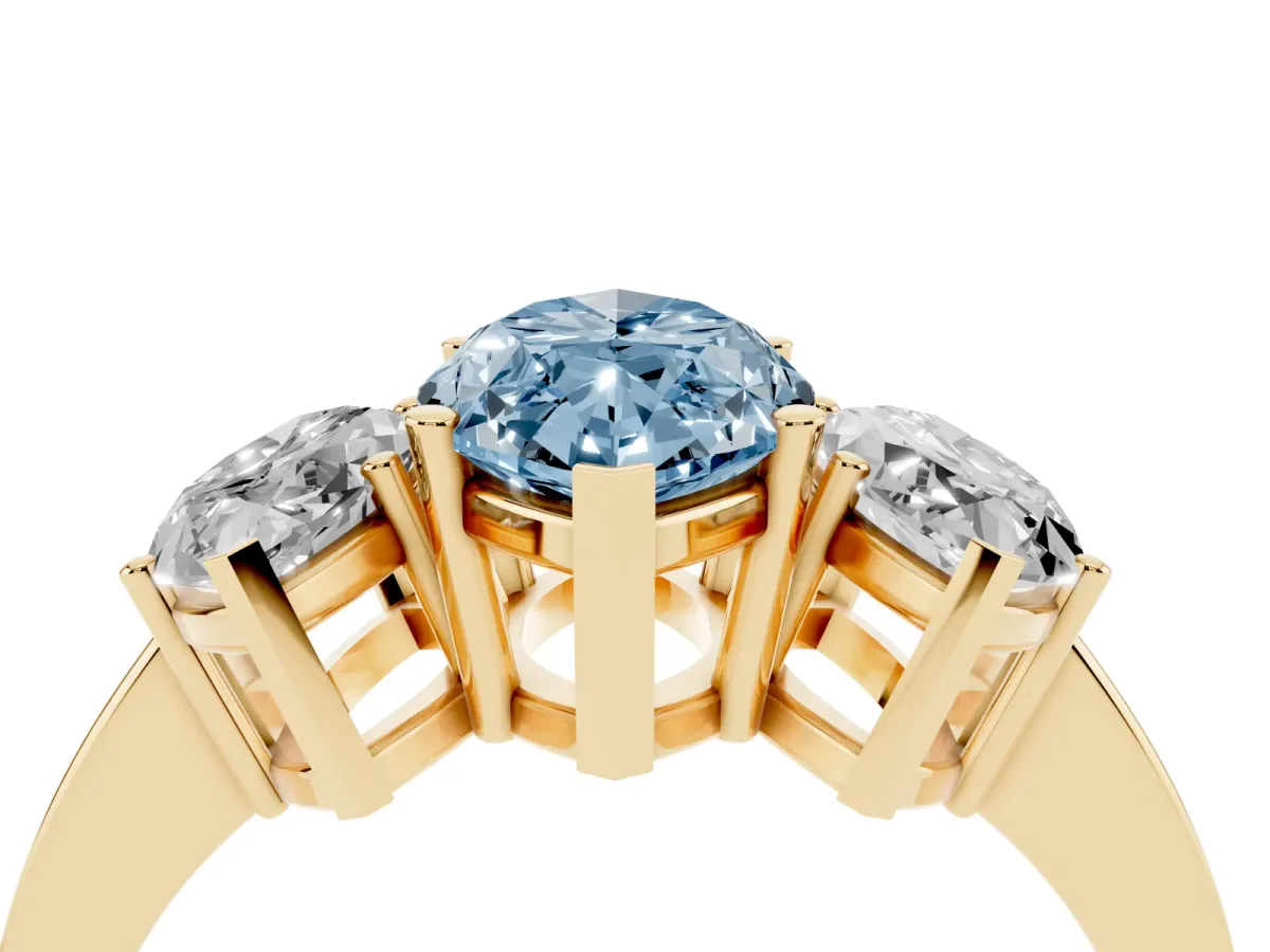 Fancy Blue Three-Stone Marquise Cut Cut Diamond Engagement Ring with Flat Band and Four-Prong Setting Yellow gold