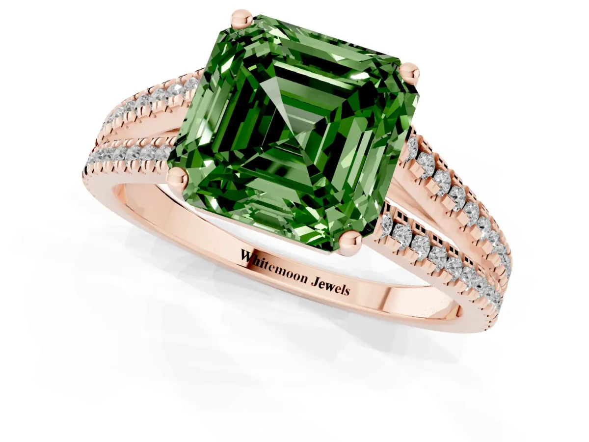 Fancy Green Asscher Cut Diamond Solitaire Engagement Ring with Split Shank Pavé Band Rose gold