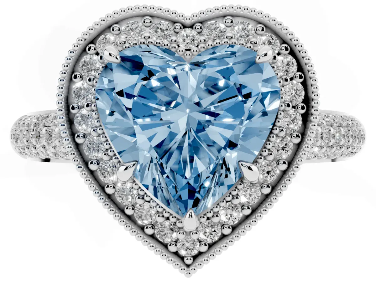 Fancy Blue Heart Cut Cut Halo Diamond Pave Band with Four-Prong Setting Platinum