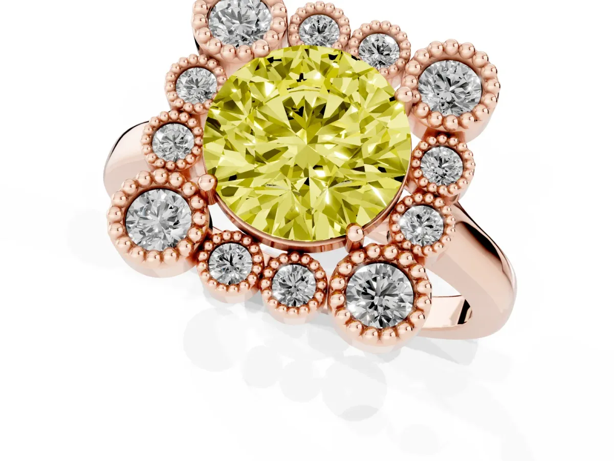 Fancy Yellow Round Cut Halo Diamond Cluster Engagement Ring with Milgrain Bezel Setting and Solitaire Band Rose gold