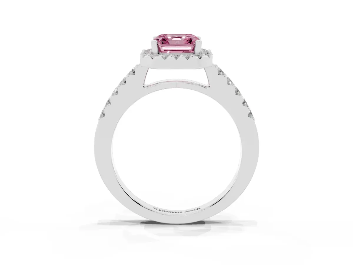 Fancy Pink Asscher Cut Halo Diamond Pavé Solitaire Ring Platinum