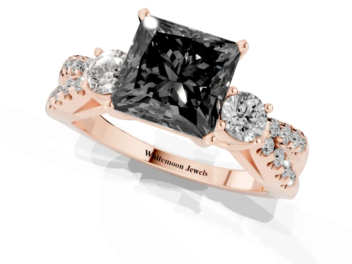 Fancy Black Princess Cut Diamond Three-Stone Ring with Pavé Split Shank and Four-Prong Setting Rose gold
