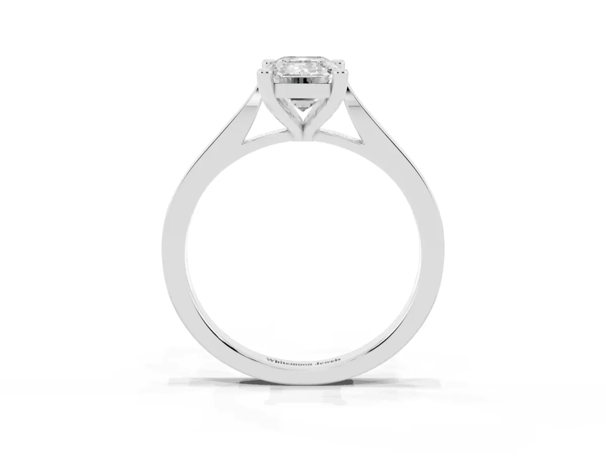 Emerald Cut Solitaire Diamond Ring with Four-Prong Setting and Tapered Band White gold