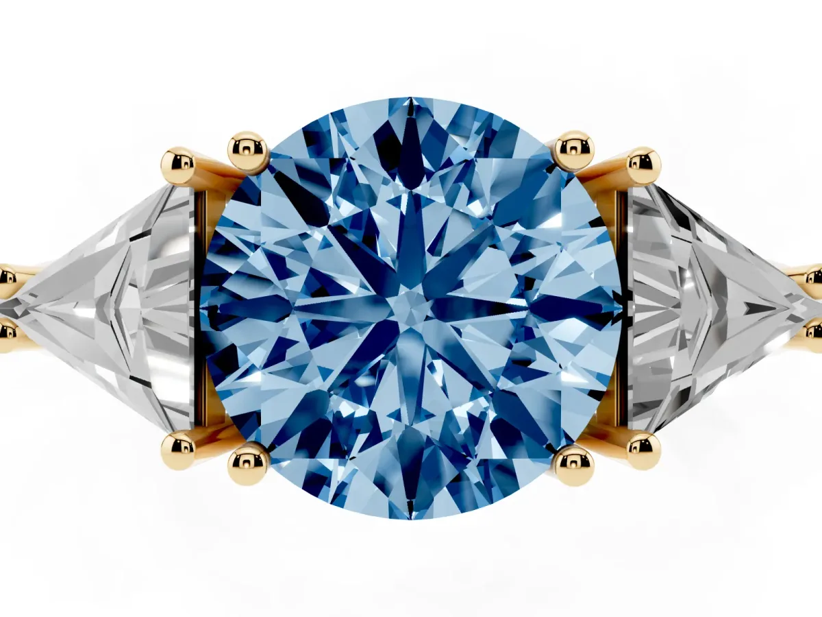 Fancy Blue Three-Stone Round Cut Diamond Engagement Ring with Trillion Side Stones and Prong Setting Yellow gold