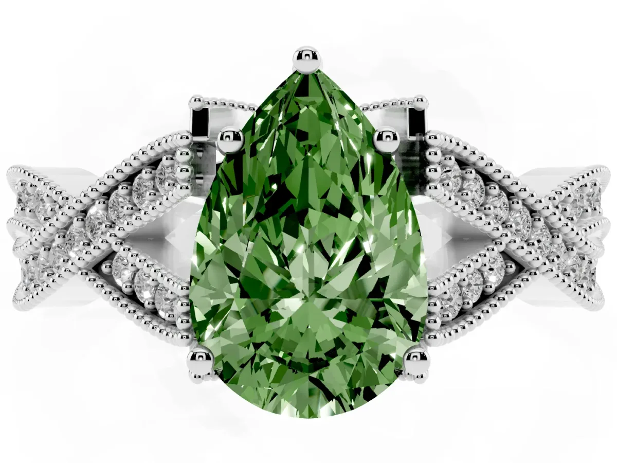 Fancy Green Pear Cut Cut Diamond Twisted Band with Milgrain Pave Setting and Four-Prong Setting Silver