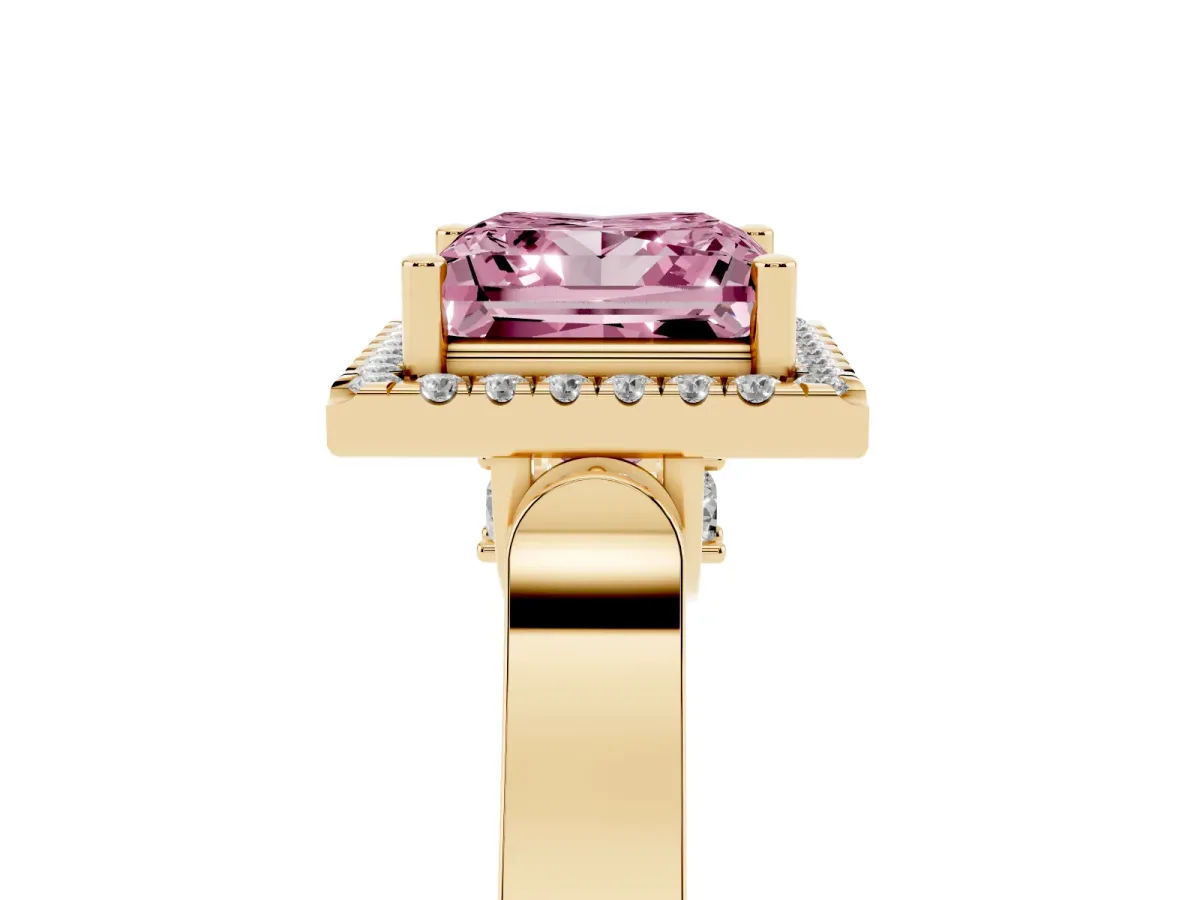 Fancy Pink Princess Cut Halo Round Diamond Twist Band with Four-Prong Setting Yellow gold