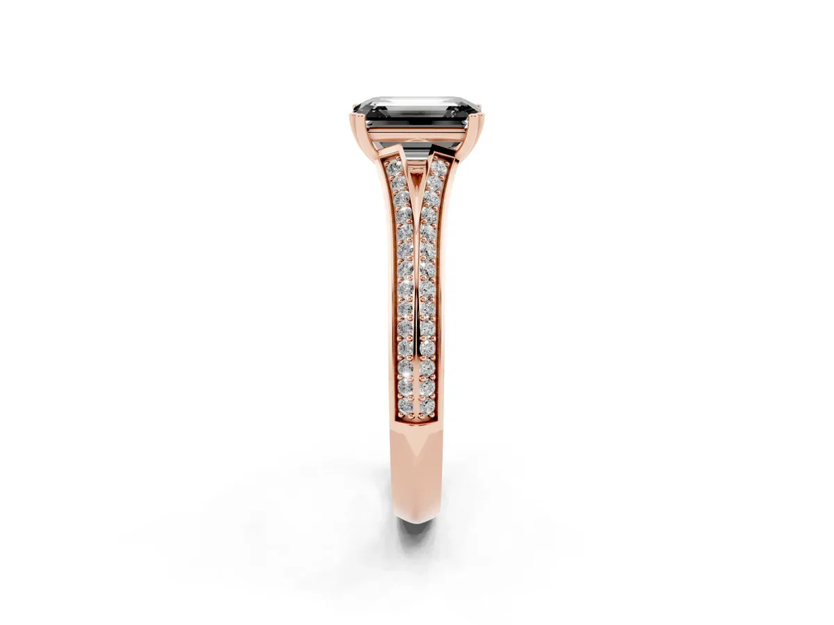 Fancy Black Emerald Cut Diamond Split Shank Engagement Ring with Pavé Band Rose gold