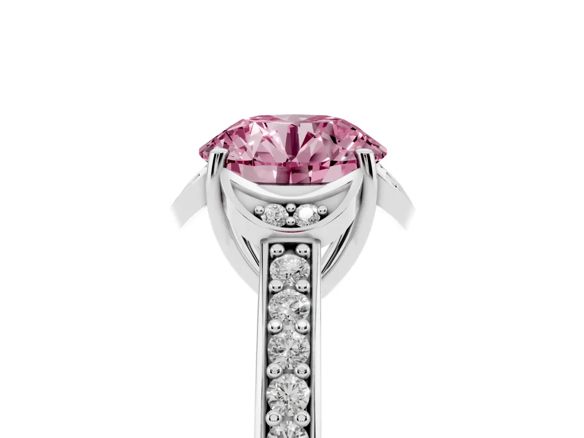Fancy Pink Round Cut Cut Halo Diamond Ring with Channel Set Band and Four-Prong Setting Silver