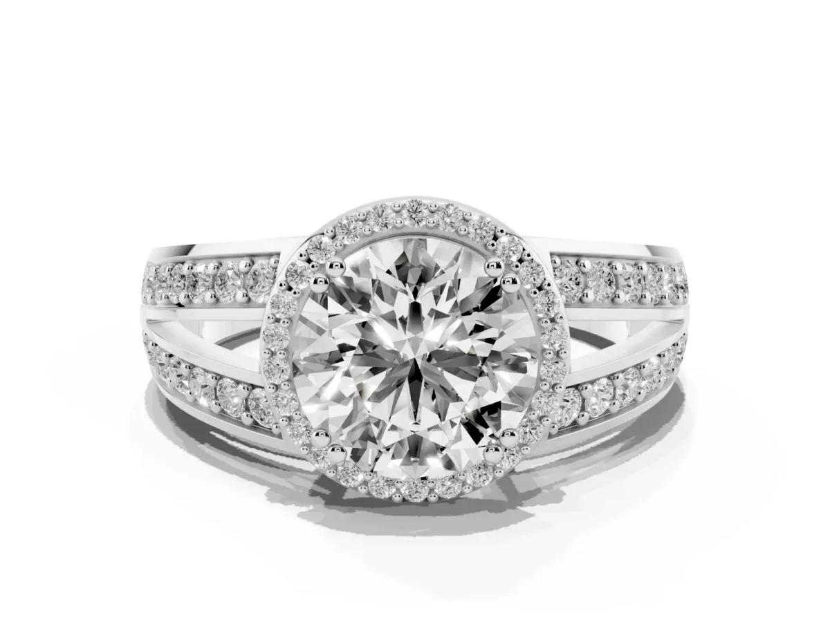 Round Cut Diamond Halo Ring with Split Shank Pavé Band and Four-Prong Setting Platinum