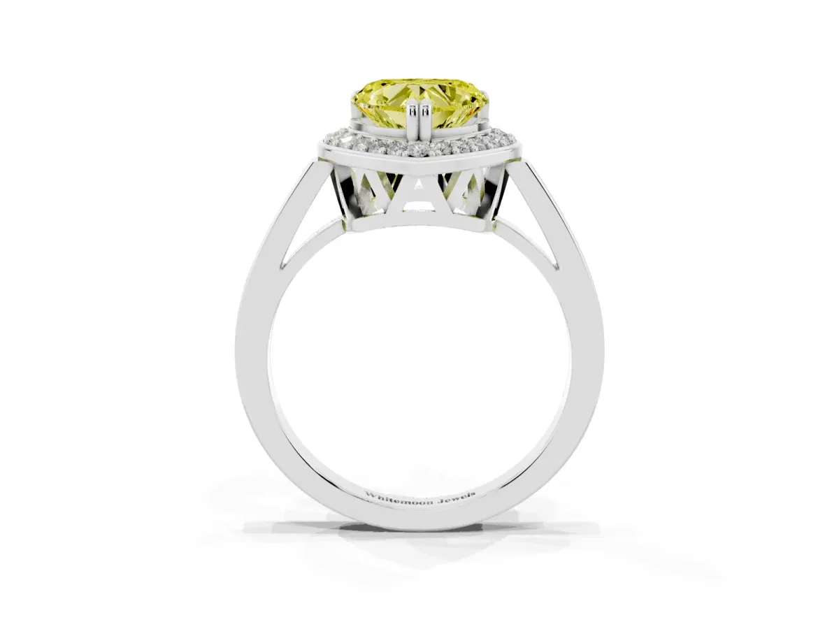 Fancy Yellow Heart Cut Diamond Halo Ring with Split Shank and Four-Prong Setting Silver