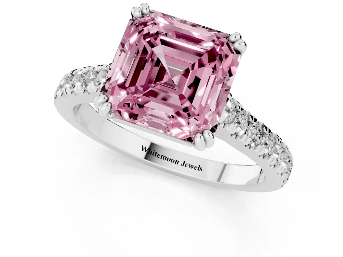 Fancy Pink Asscher Cut Solitaire Pave Diamond Engagement Ring with Prong Setting Silver