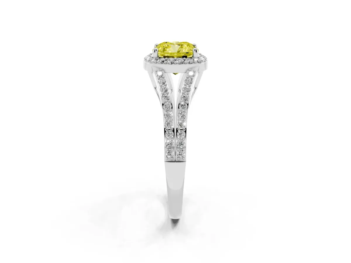 Fancy Yellow Cushion Cut Halo Split Shank Diamond Ring with Prong Setting Silver