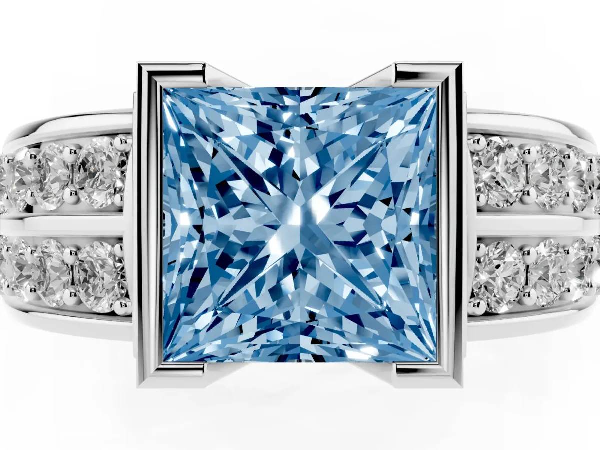 Fancy Blue Princess Cut Brilliant Diamond Channel Set Wide Band Ring with Bezel Setting White gold