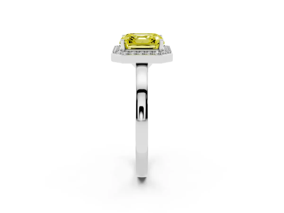 Fancy Yellow Asscher Cut Halo Diamond Ring with Solitaire Band and Prong Setting Silver