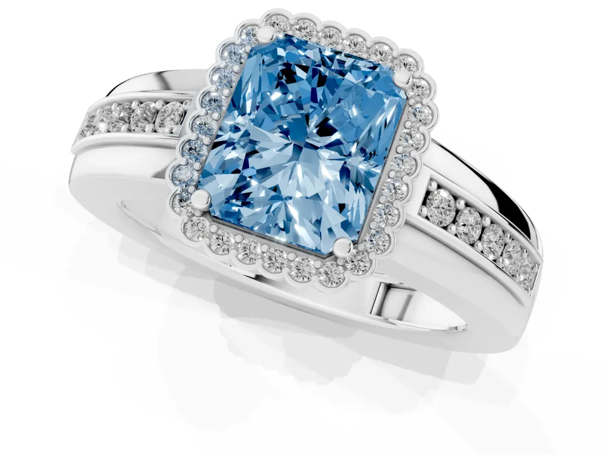 Fancy Blue Radiant Cut Cut Halo Pave Band Four-Prong Ring Silver
