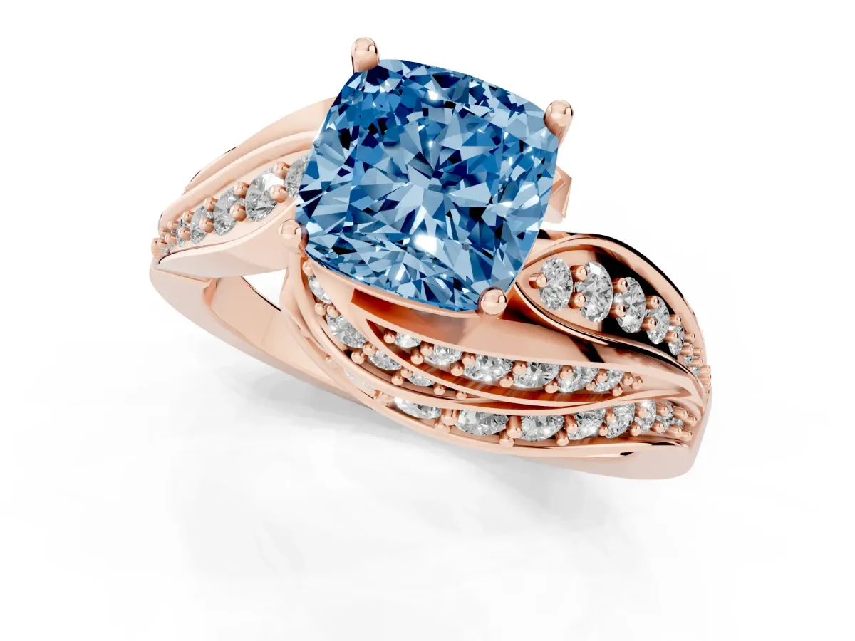 Fancy Blue Cushion Cut Diamond Solitaire Ring with Prong Setting and Twisted Pavé Band Rose gold