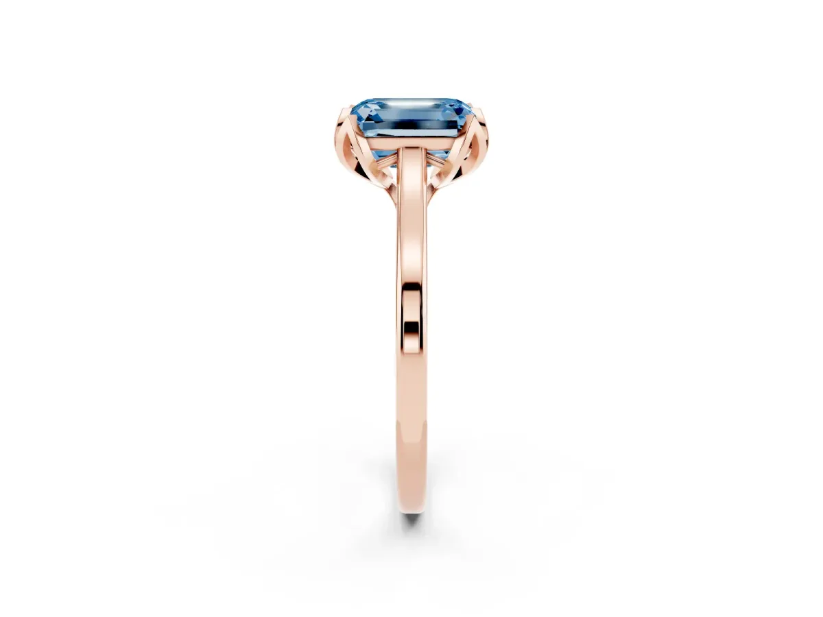 Fancy Blue Emerald Cut Diamond Solitaire Ring with Flower Prong Setting and Classic Band Rose gold