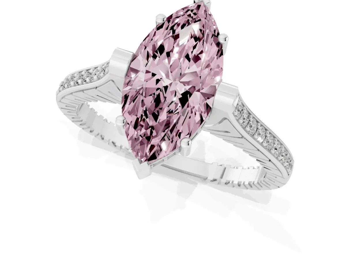 Fancy Pink Marquise Cut Solitaire Diamond Ring with Channel Set Band and Bezel Prong Setting Silver