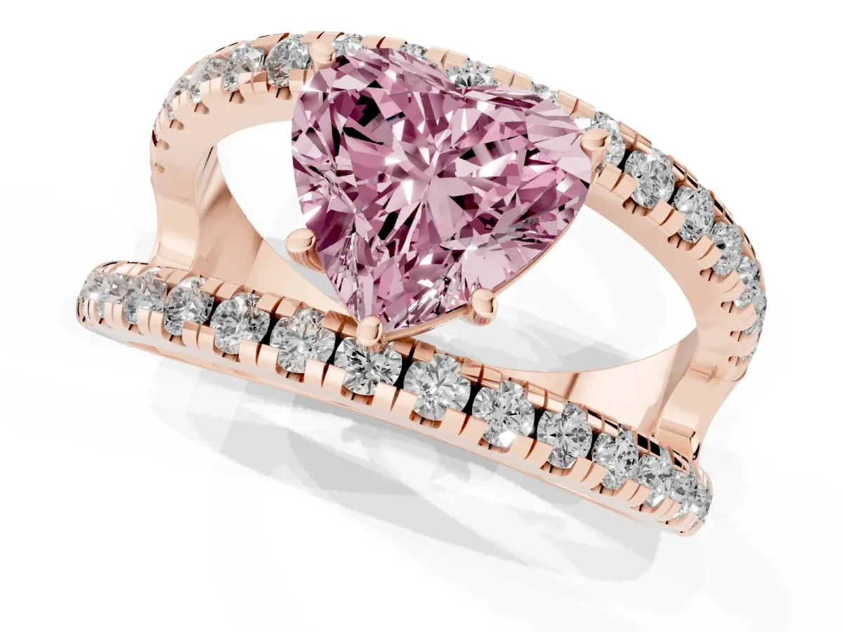 Fancy Pink Heart Cut Solitaire Split Shank Pave Diamond Ring Rose gold