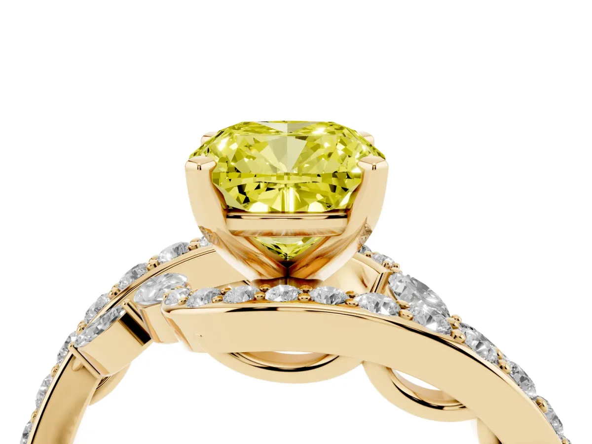 Fancy Yellow Cushion Cut Diamond Solitaire Ring with Filigree Band and Four-Prong Setting Yellow gold