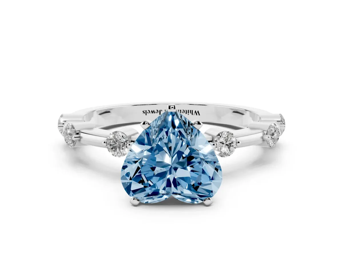 Fancy Blue Heart Cut Solitaire Diamond Ring with Bezel Set Side Stones and Prong Setting Silver