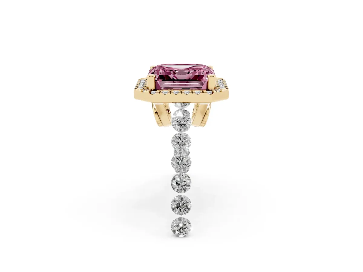 Fancy Pink Asscher Cut Halo Pavé Diamond Engagement Ring with Four-Prong Setting Yellow gold