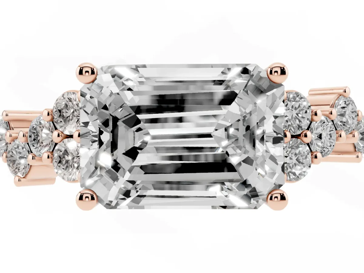 Emerald Cut Diamond Scattered Round Accent Ring with Prong Setting Rose gold