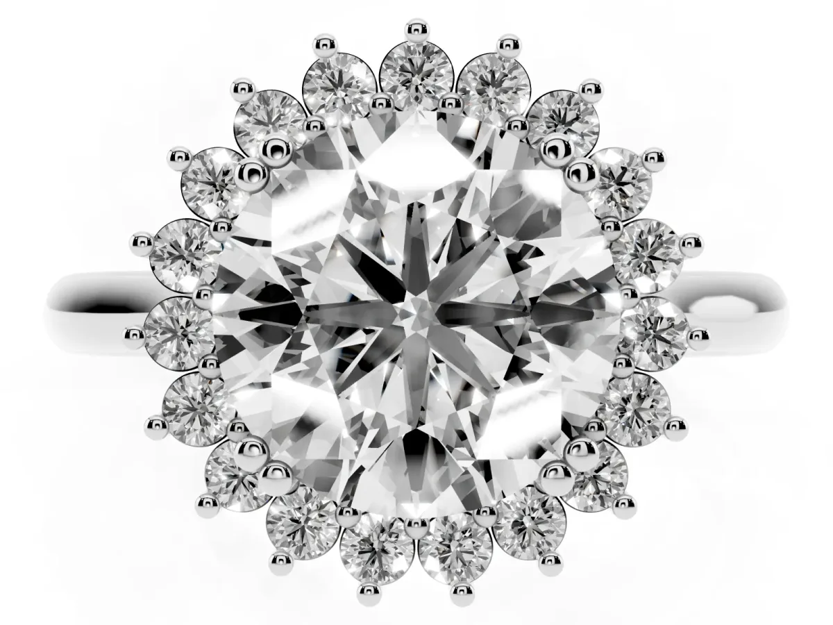 Round Cut Cut Diamond Halo Ring with Solitaire Band and Prong Setting Silver