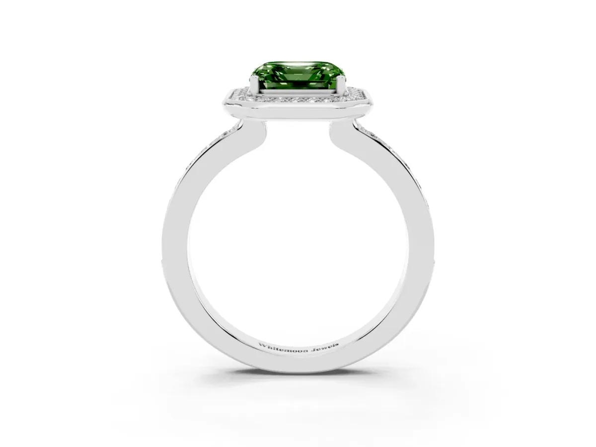 Fancy Green Asscher Cut Diamond Halo Ring with Bezel Frame and Pavé Band Silver