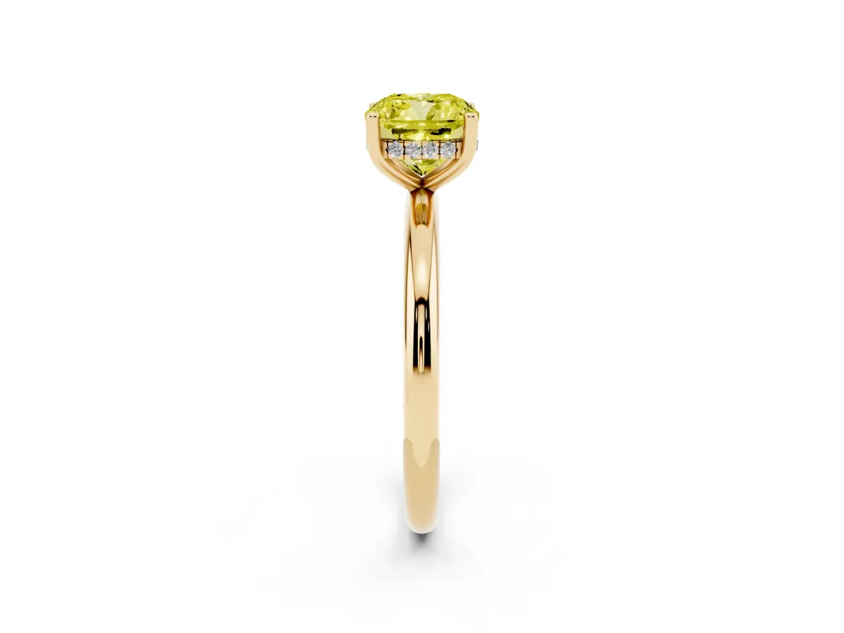 Fancy Yellow Cushion Cut Cut Solitaire Engagement Ring with Four-Prong Setting and Classic Band Yellow gold