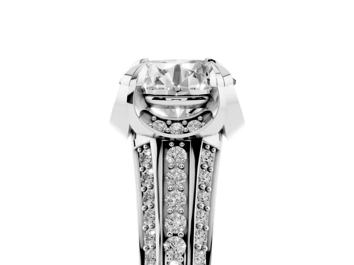Round Cut Solitaire Pave Split Shank Ring with Four-Prong Setting Silver