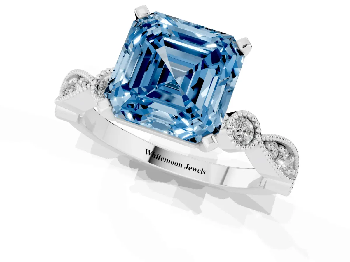Fancy Blue Asscher Cut Milgrain Bezel Diamond Engagement Ring with Solitaire Prong Setting Silver
