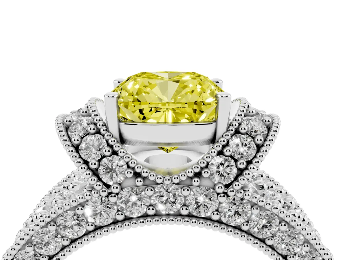 Fancy Yellow Cushion Cut Halo Pave Diamond Engagement Ring with Milgrain Detailing Platinum