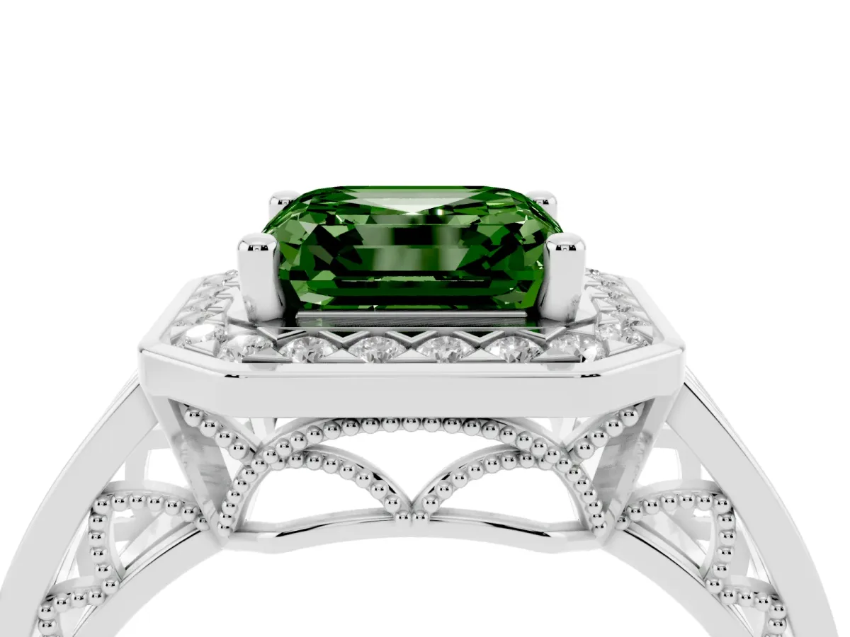 Fancy Green Asscher Cut Diamond Halo Ring with Split Shank and Bezel Accents and Prong Setting Silver