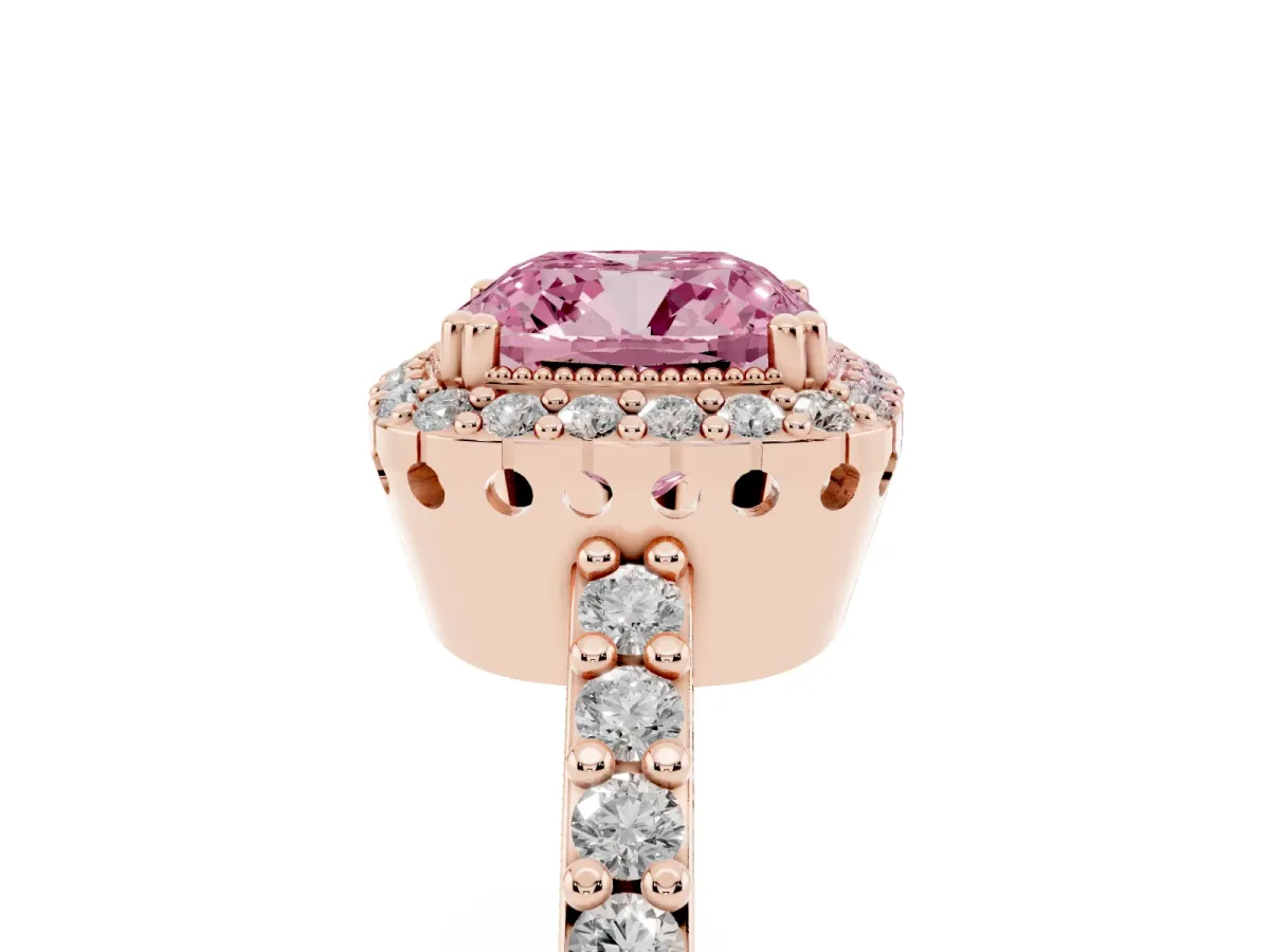 Fancy Pink Cushion Cut Cut Diamond Halo Engagement Ring with Milgrain Detail and Pavé Band Rose gold