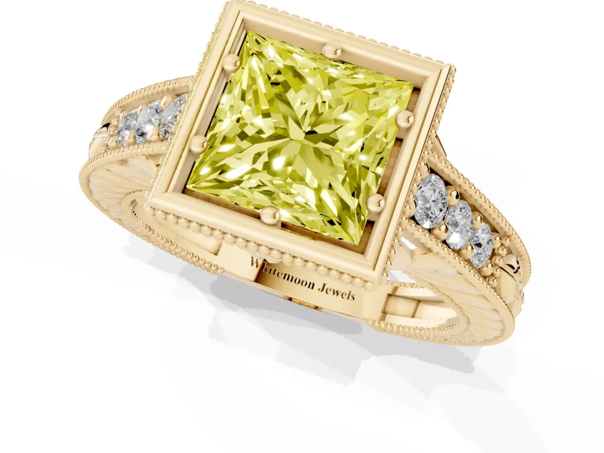 Fancy Yellow Bezel Set Princess Cut Diamond Milgrain Pave Engagement Ring Yellow gold