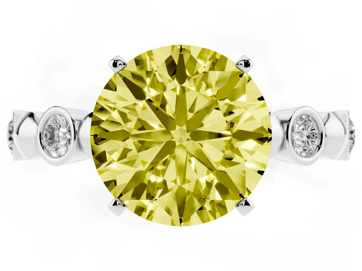 Fancy Yellow Round Cut Solitaire Bezel-Set Diamond Ring with Beaded Band and Four-Prong Setting Platinum