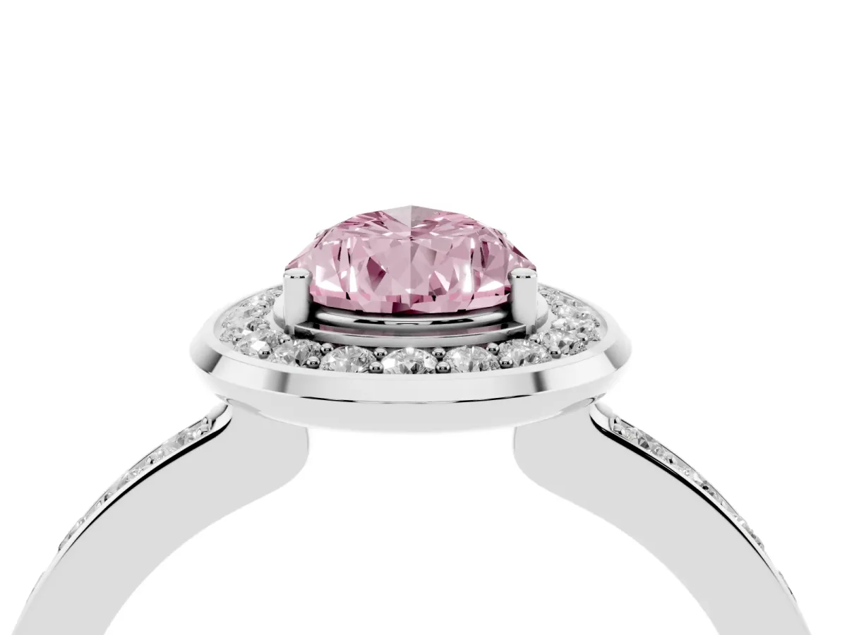 Fancy Pink Pear Cut Diamond Halo Ring with Bezel Frame and Pavé Band Silver