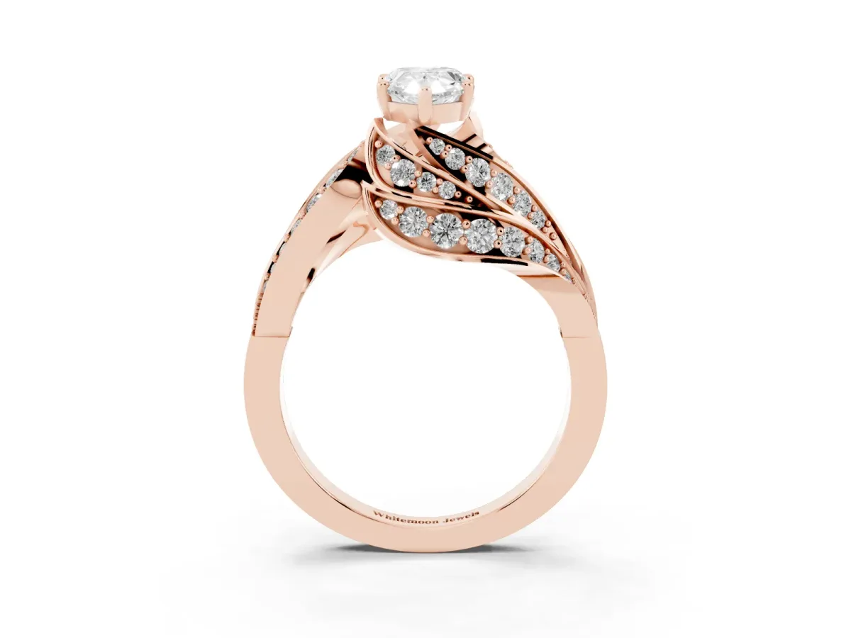 Pear Cut Diamond Solitaire Ring with Prong Setting and Twisted Pavé Band Rose gold