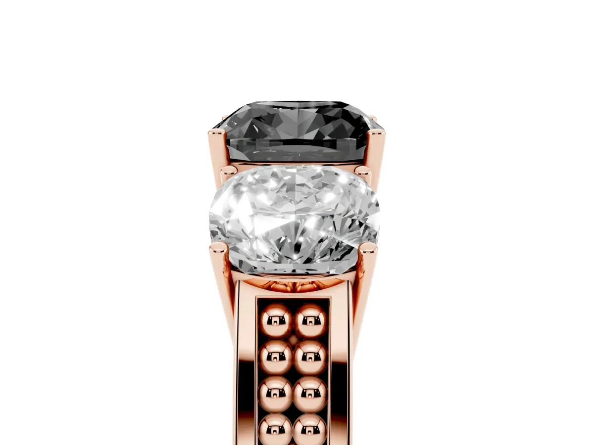 Fancy Black Cushion Cut Diamond Three-Stone Ring with Prong Setting and Textured Band Rose gold