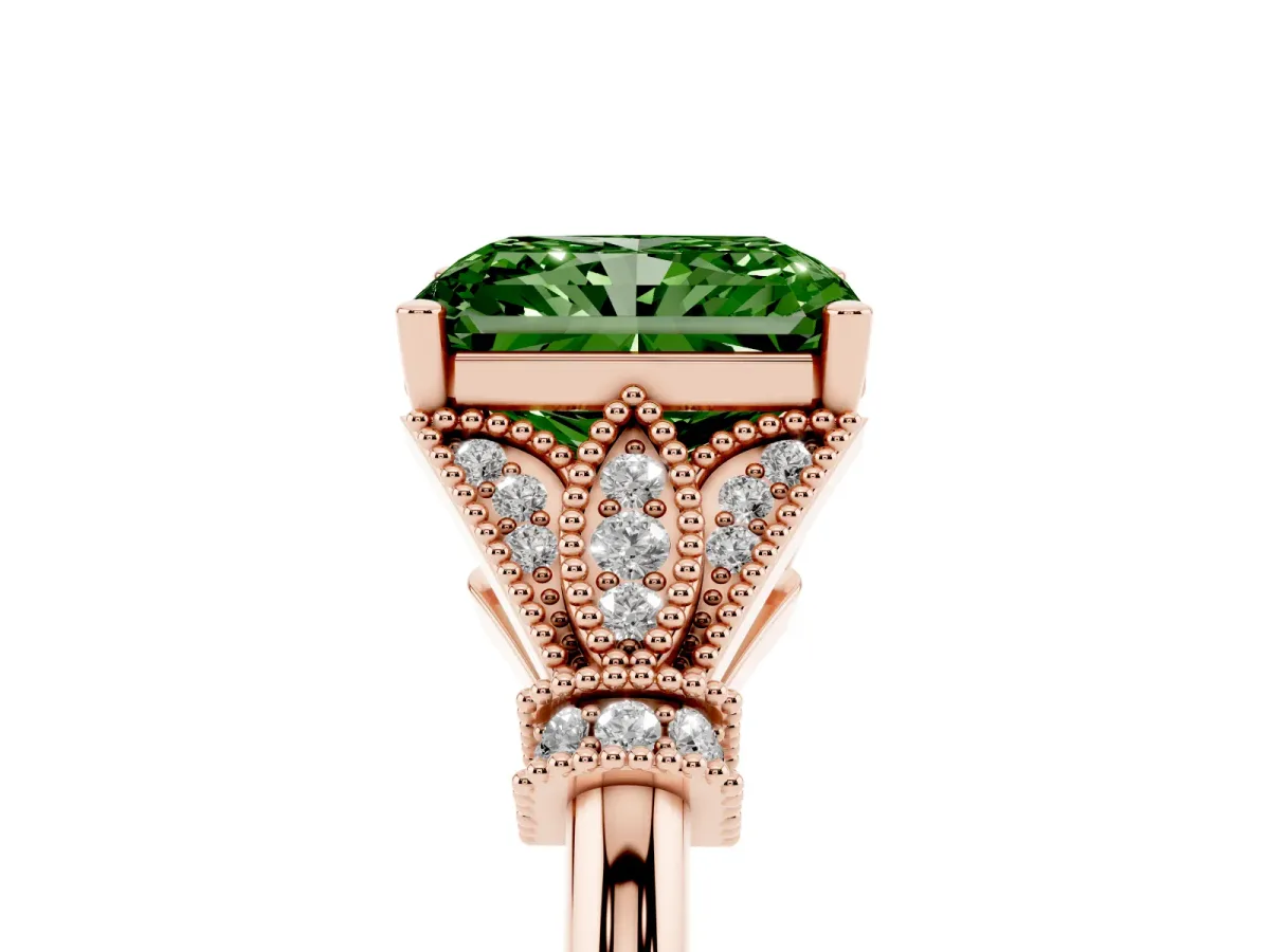Fancy Green Radiant Cut Diamond Solitaire Ring with Floral Filigree and Pave Accents Rose gold