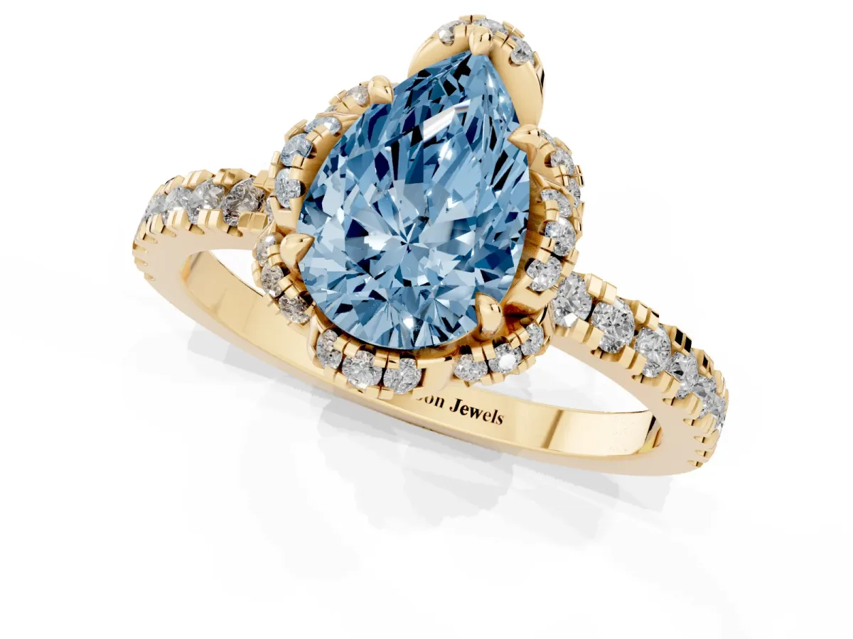 Fancy Blue Pear Cut Diamond Halo Pave Band with Four-Prong Setting Yellow gold
